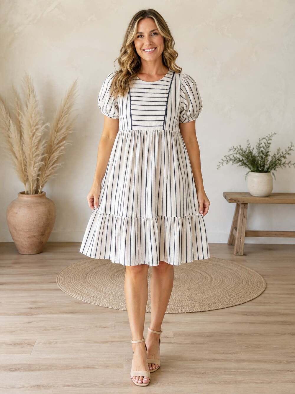 Tea N Rose Women’s Striped Tiered Midi Dress Puff Sleeve Cotton Lined Size L